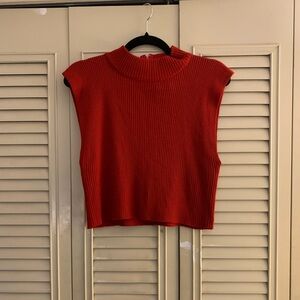 Vintage Red Sleeveless Knit Crop Top- High Neck Ribbed Top